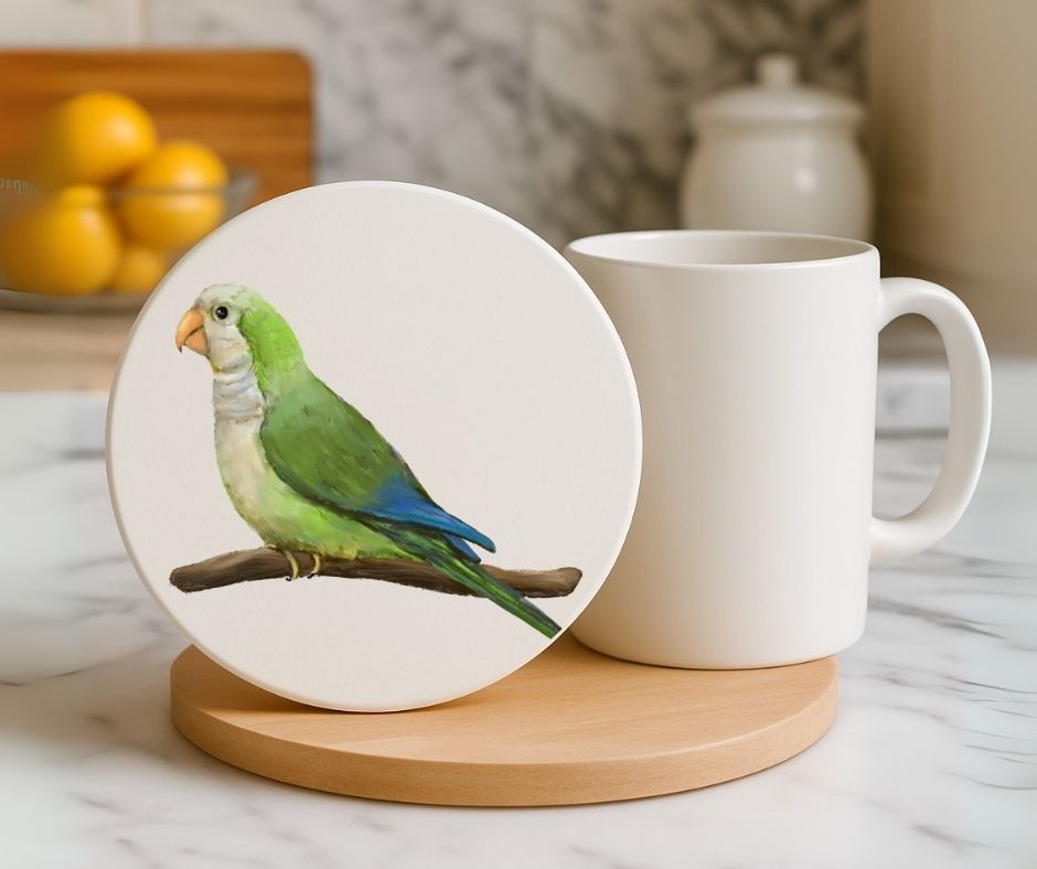 Monk Parakeet Ceramic Coaster - MerikaArt