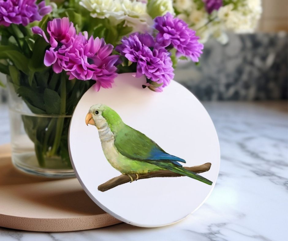Monk Parakeet Ceramic Coaster - MerikaArt