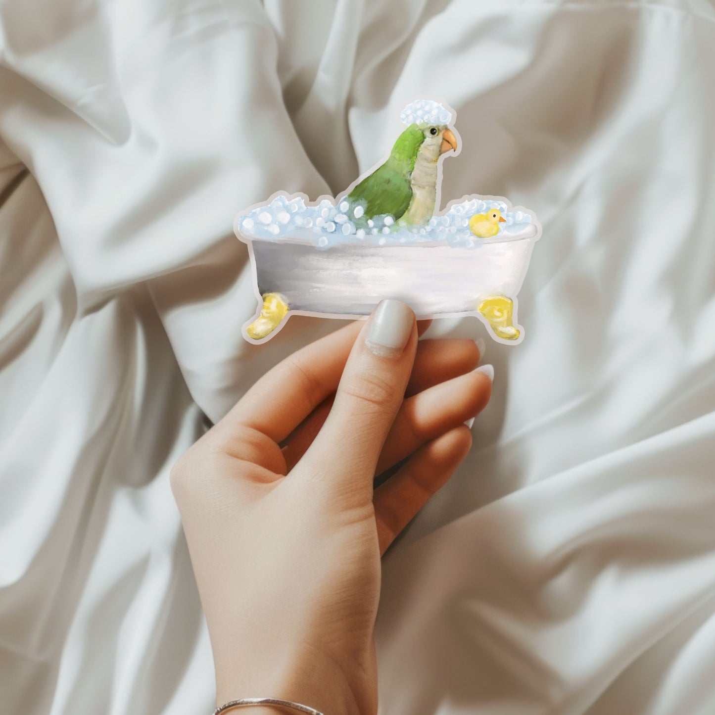 Monk Parakeet in Bathtub Vinyl Sticker - MerikaArt