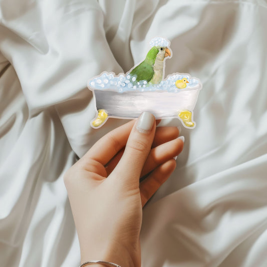 Monk Parakeet in Bathtub Vinyl Sticker - MerikaArt