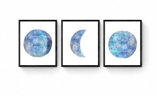 Moon Phases Set of 3 Print, Blue Indigo Moon Poster, Galaxy Artwork, Home Wall Decor, Modern Art, Bedroom Wall Decor, Lunar phase, Space Art - MerikaArt