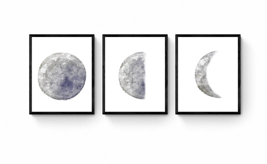 Moon Phases Set of 3 Prints, Gray Moon Poster, Galaxy Artwork, Home Wall Decor, Modern Wall Art, Bedroom Wall Decor, Lunar phase, Space Art - MerikaArt