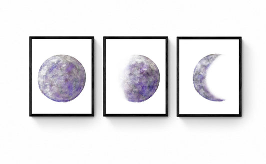 Moon Phases Set of 3 Prints, Purple Moon Poster, Galaxy Artwork, Home Wall Decor, Modern Art, Bedroom Wall Decor, Lunar phase, Space Art - MerikaArt