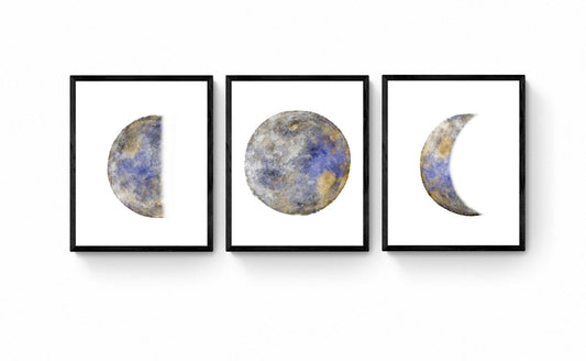 Moon Phases Set of 3 Prints, Purple Yellow Moon Poster, Galaxy Artwork, Home Wall Decor, Modern Bedroom Wall Decor, Lunar phase, Space Art - MerikaArt