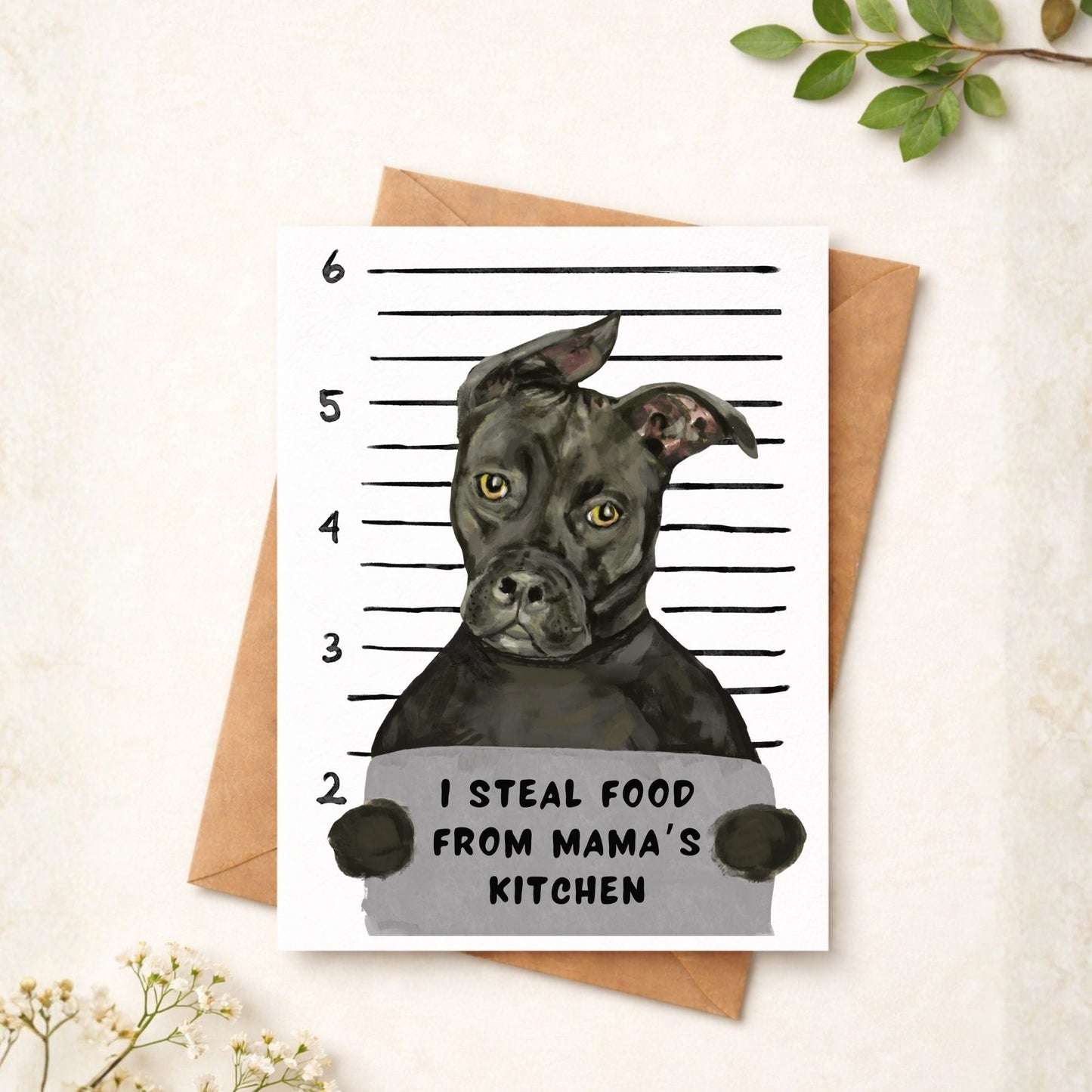 Mugshot Black Pitbull Dog Postcard - MerikaArt