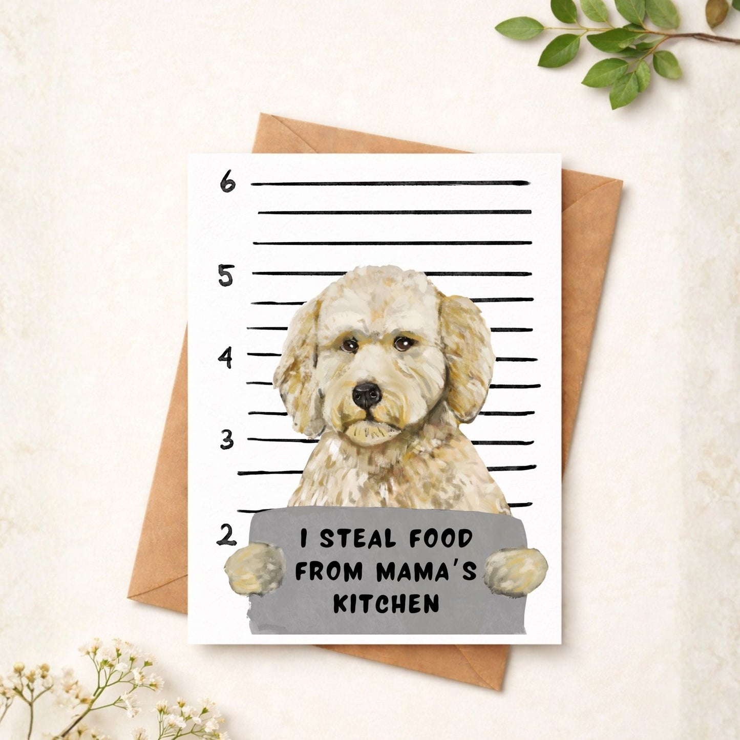 Mugshot Goldendoodle Dog Postcard - MerikaArt