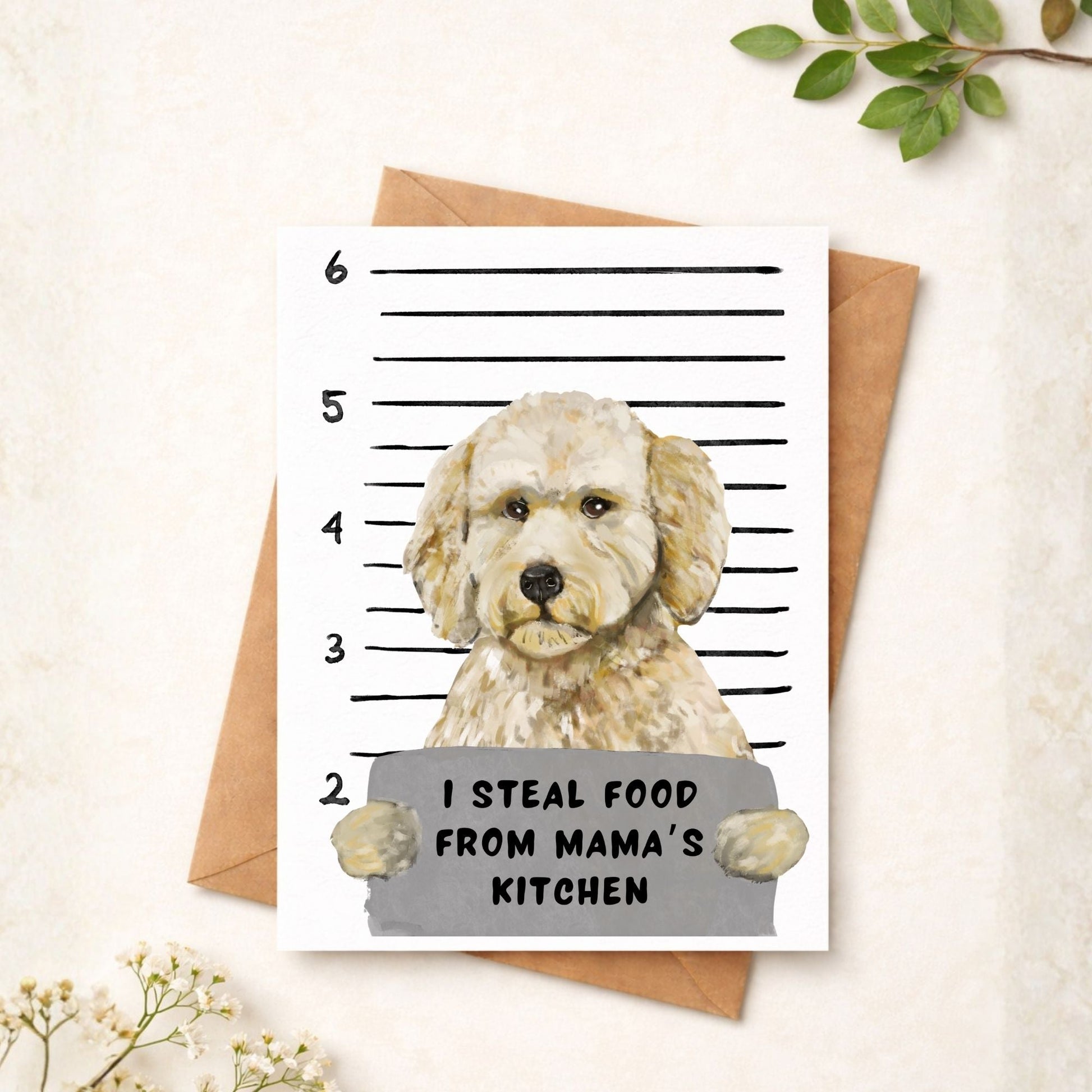 Mugshot Goldendoodle Dog Postcard - MerikaArt