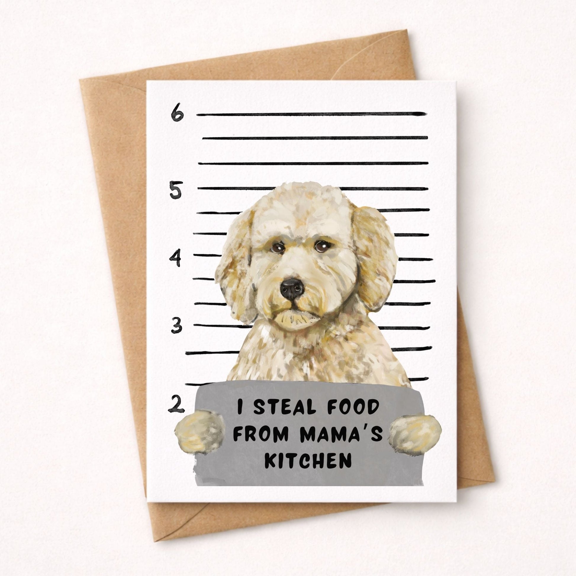 Mugshot Goldendoodle Dog Postcard - MerikaArt