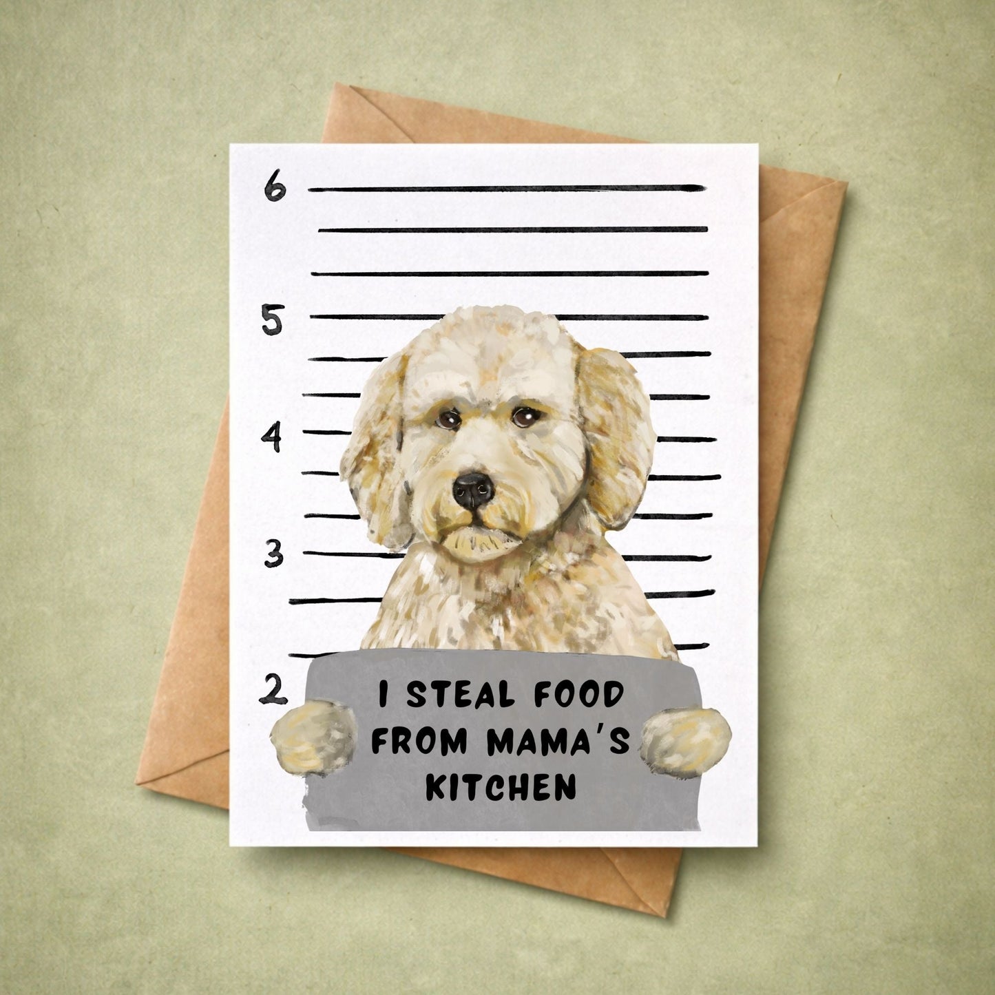 Mugshot Goldendoodle Dog Postcard - MerikaArt