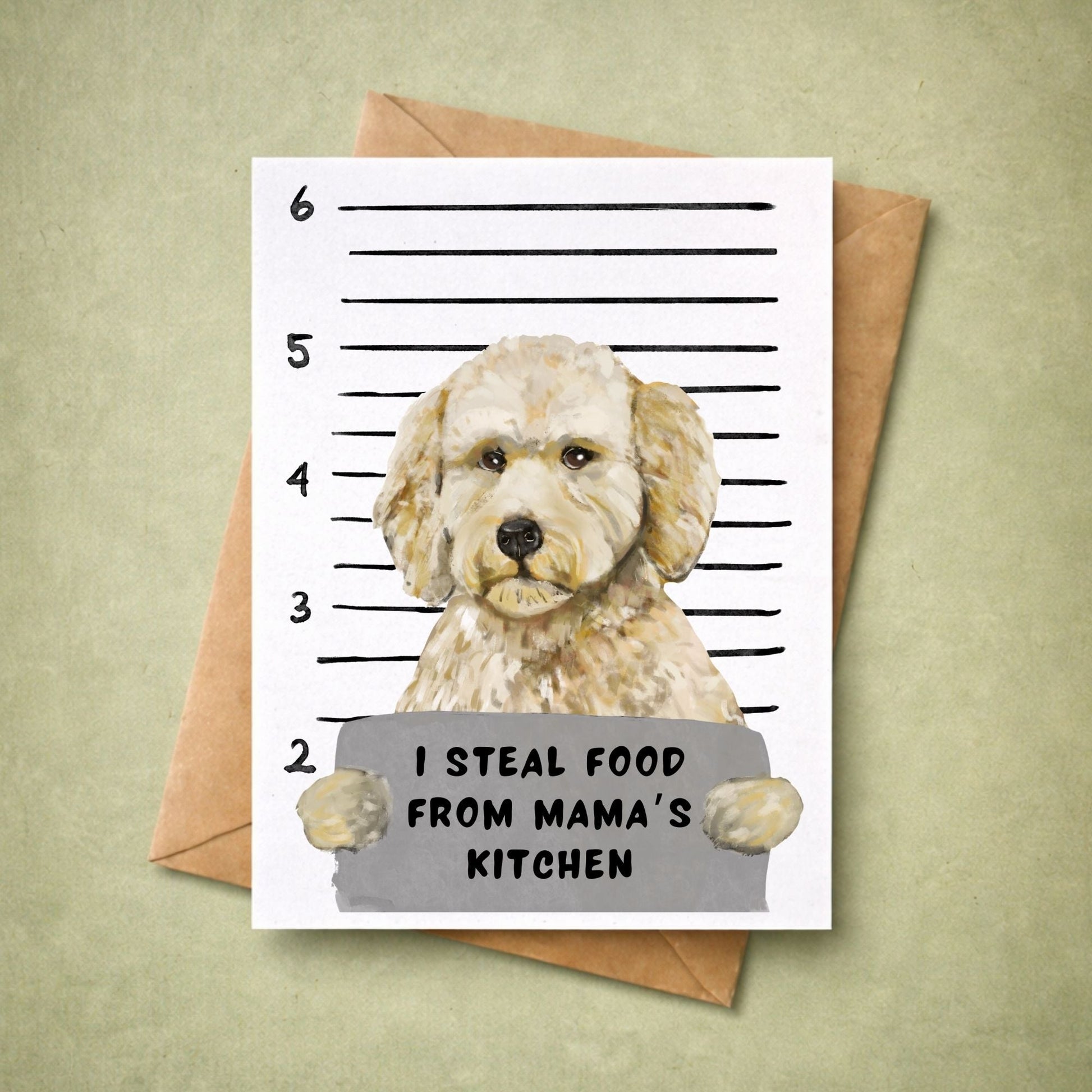 Mugshot Goldendoodle Dog Postcard - MerikaArt