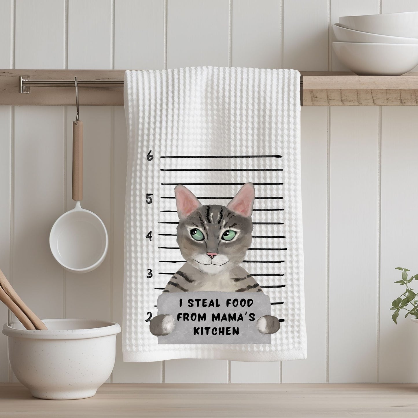 Mugshot Grey Tabby Cat Waffle Weave Kitchen Towel - MerikaArt