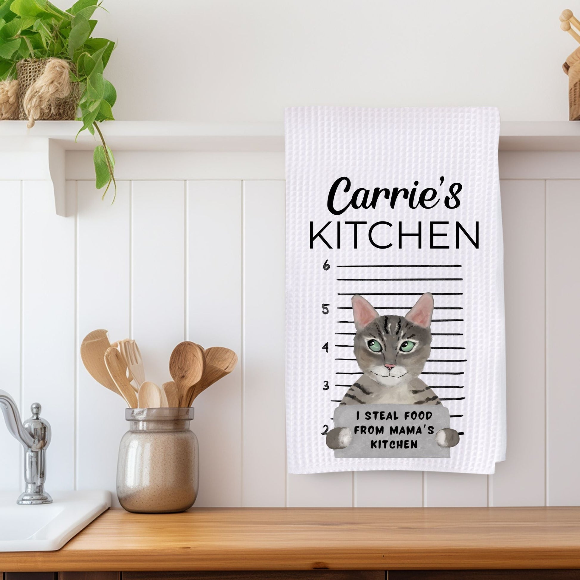 Mugshot Grey Tabby Cat Waffle Weave Kitchen Towel - MerikaArt