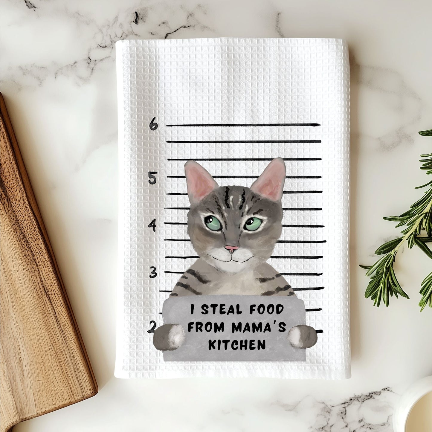 Mugshot Grey Tabby Cat Waffle Weave Kitchen Towel - MerikaArt