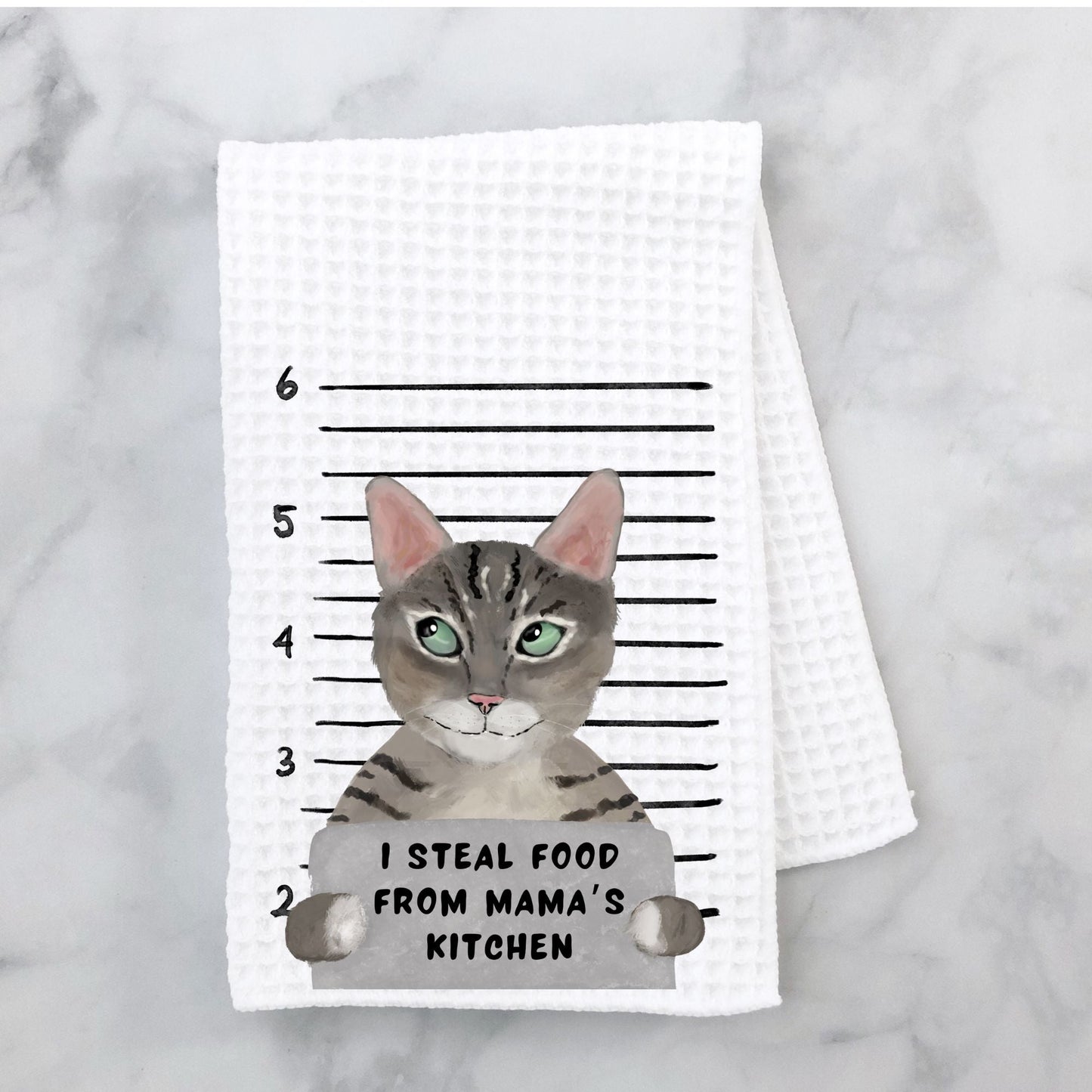 Mugshot Grey Tabby Cat Waffle Weave Kitchen Towel - MerikaArt