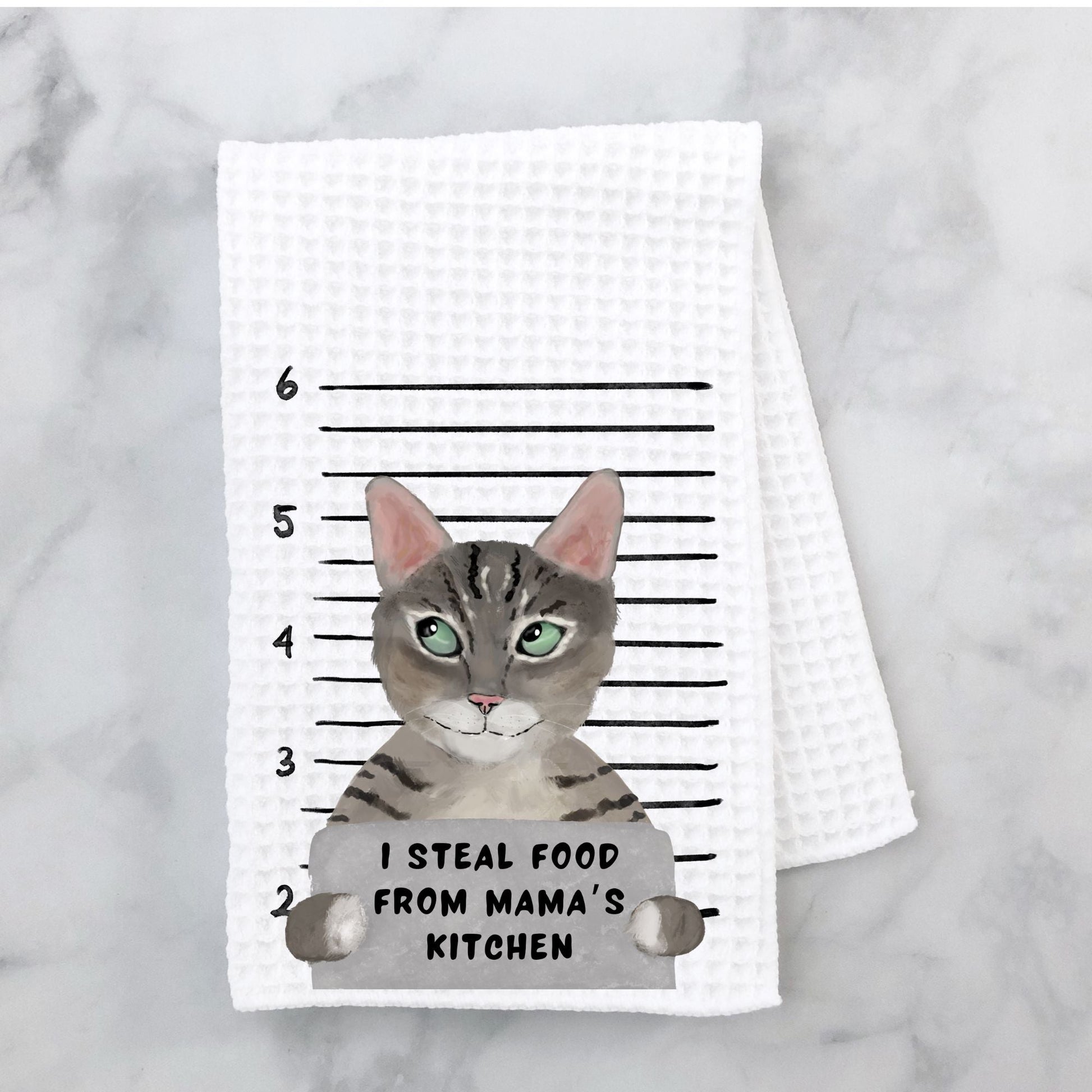 Mugshot Grey Tabby Cat Waffle Weave Kitchen Towel - MerikaArt