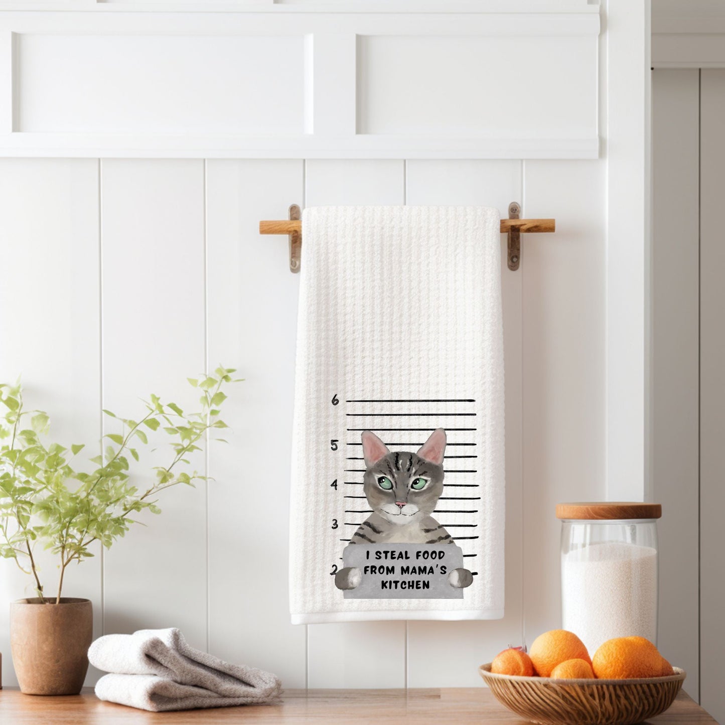 Mugshot Grey Tabby Cat Waffle Weave Kitchen Towel - MerikaArt