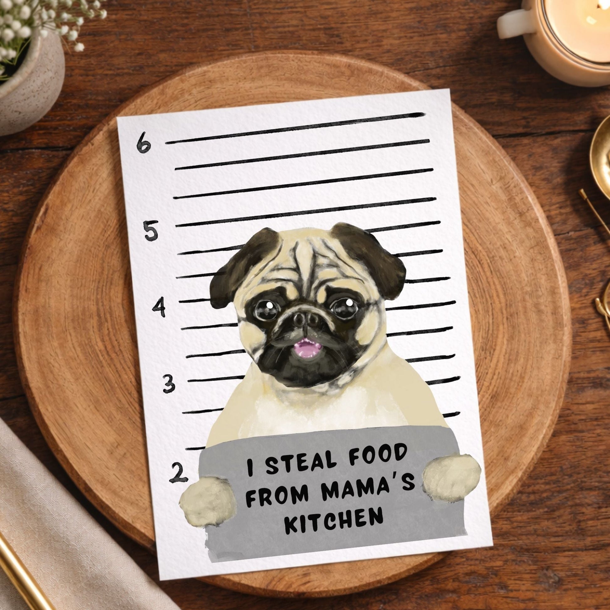 Mugshot Pug Dog Postcard - MerikaArt