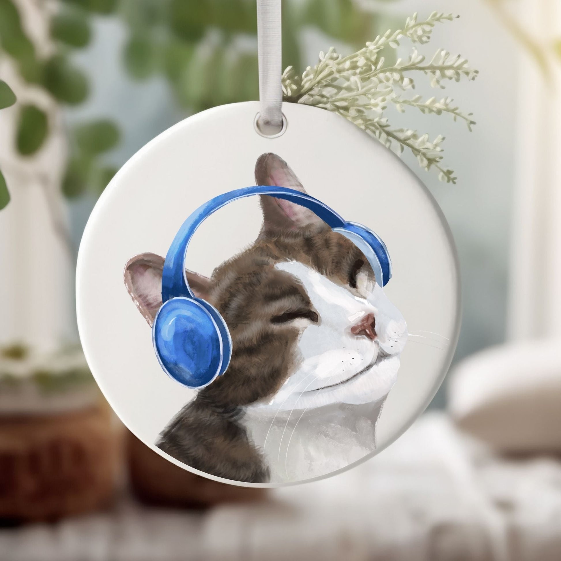 Music Lover Cat Ceramic Ornament - MerikaArt