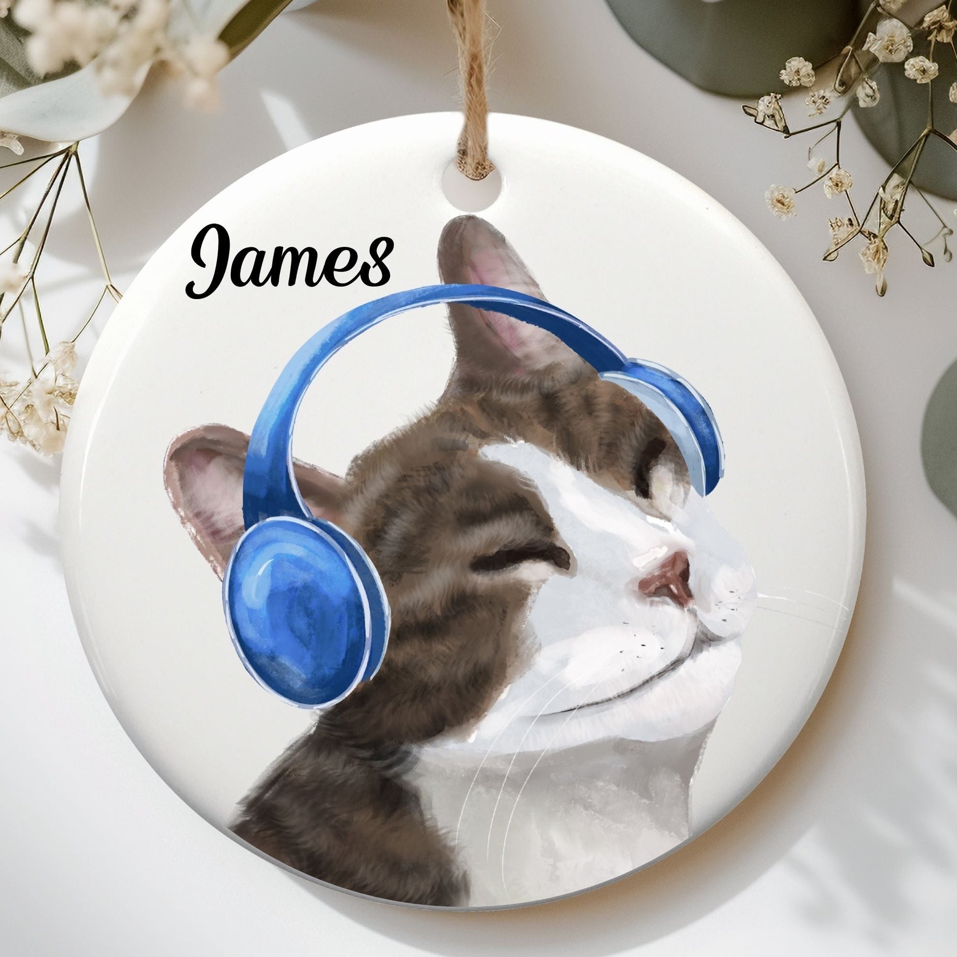 Music Lover Cat Ceramic Ornament - MerikaArt