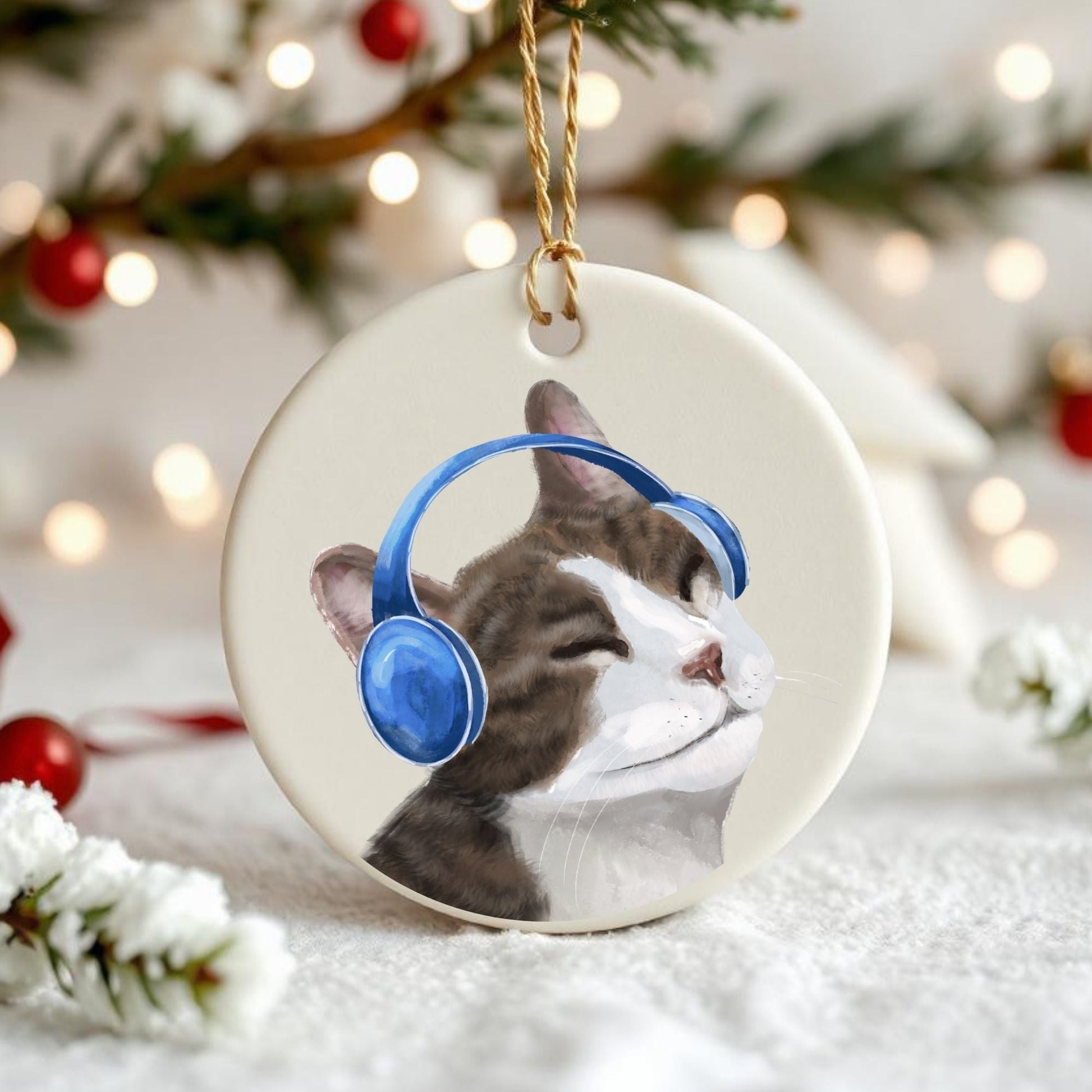 Music Lover Cat Ceramic Ornament - MerikaArt