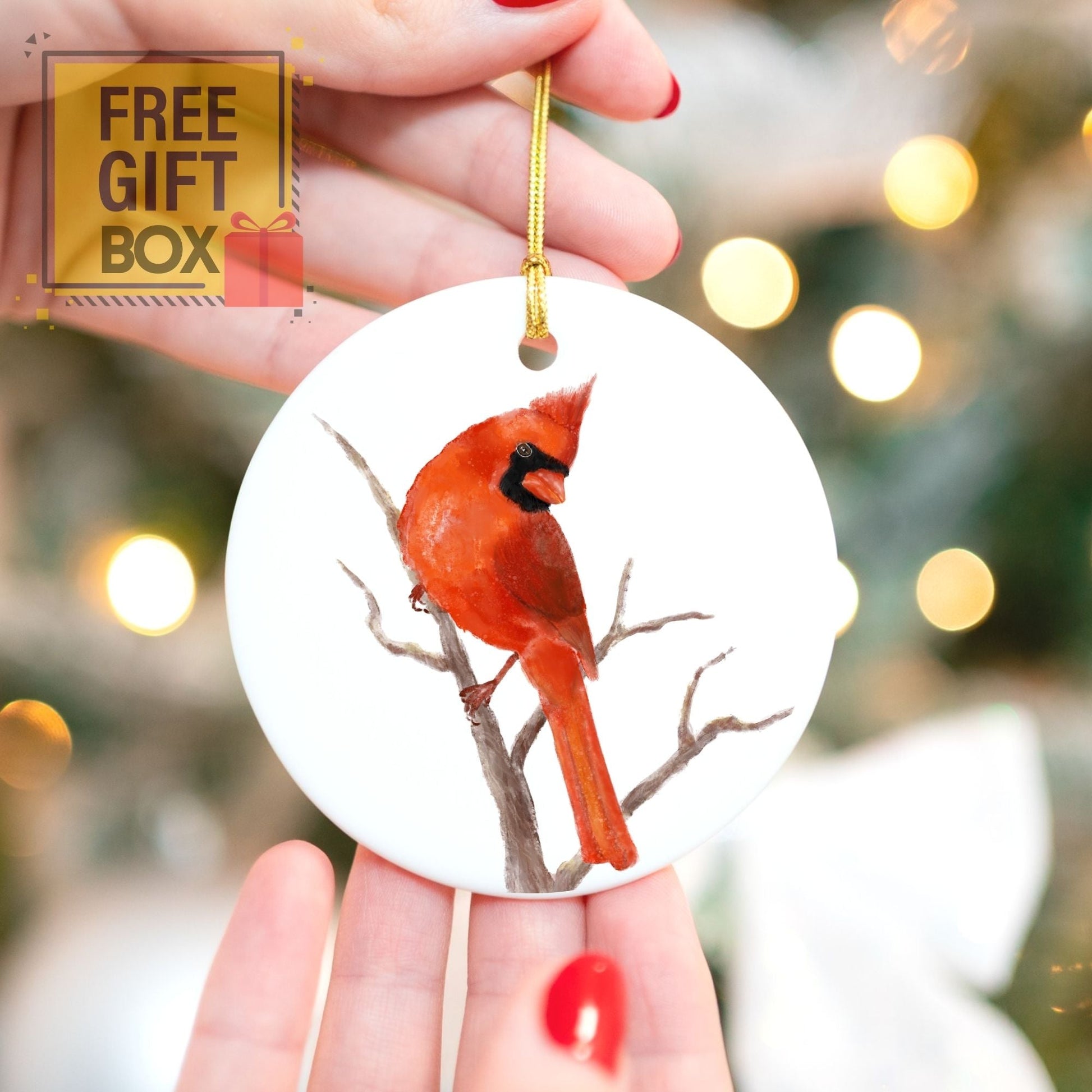 Northern Cardinal Branch Ceramic Ornament - MerikaArt
