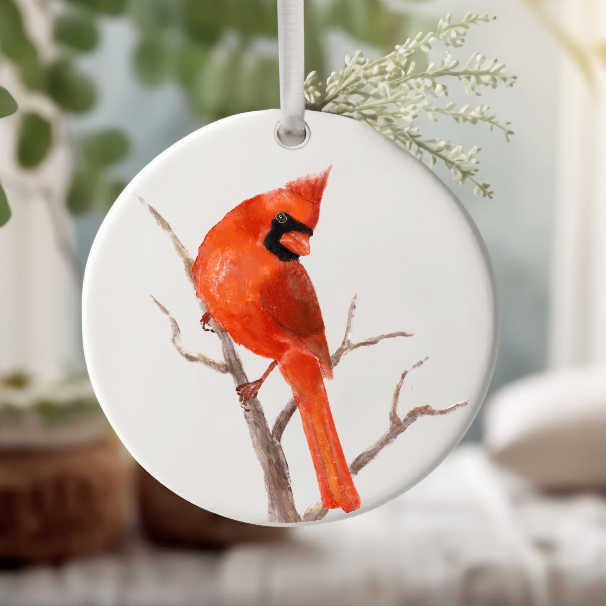 Northern Cardinal Branch Ceramic Ornament - MerikaArt