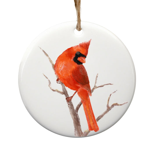 Northern Cardinal Branch Ceramic Ornament - MerikaArt