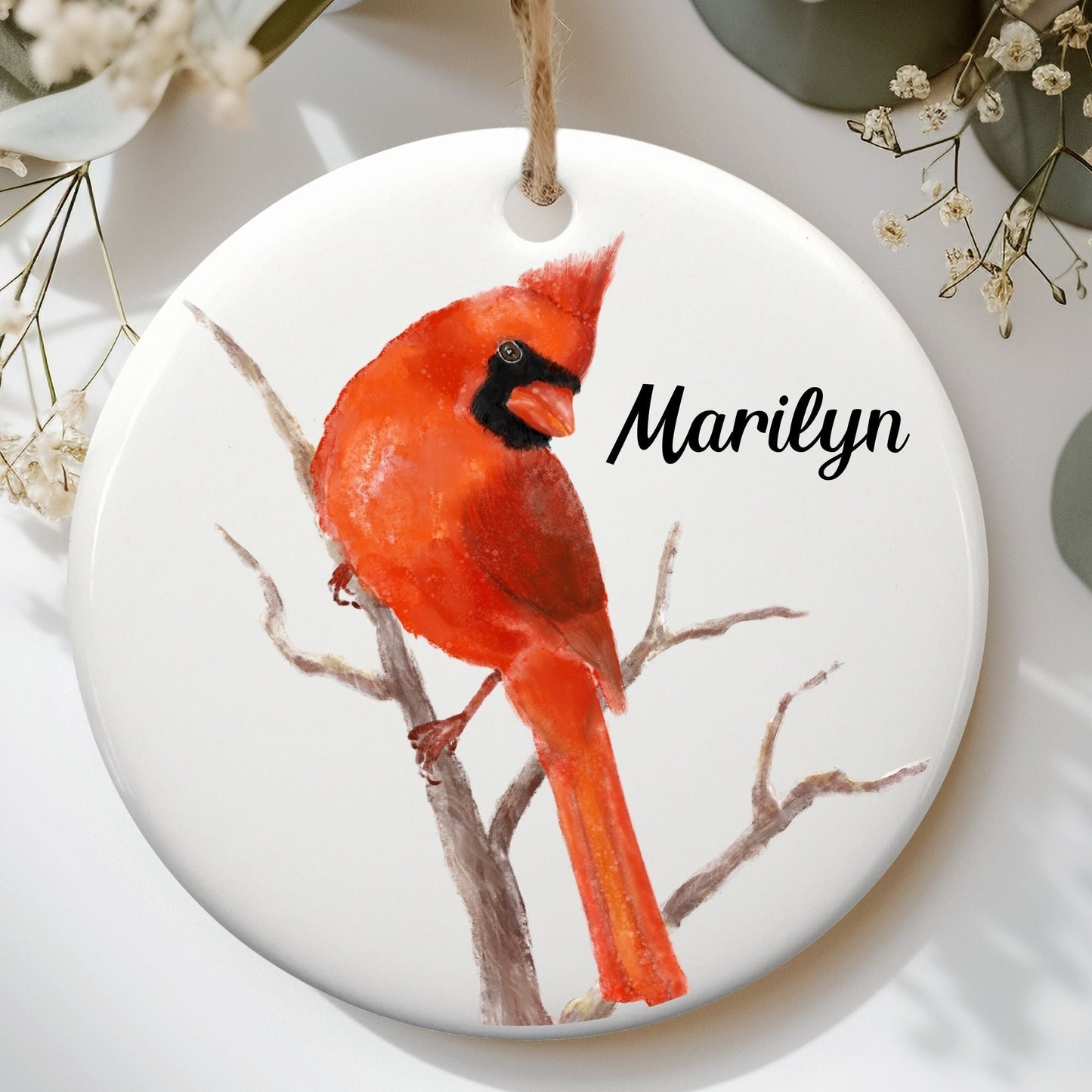 Northern Cardinal Branch Ceramic Ornament - MerikaArt