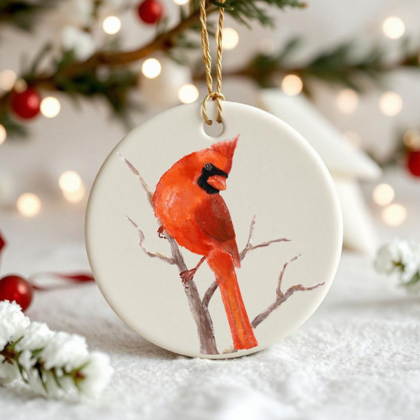 Northern Cardinal Branch Ceramic Ornament - MerikaArt