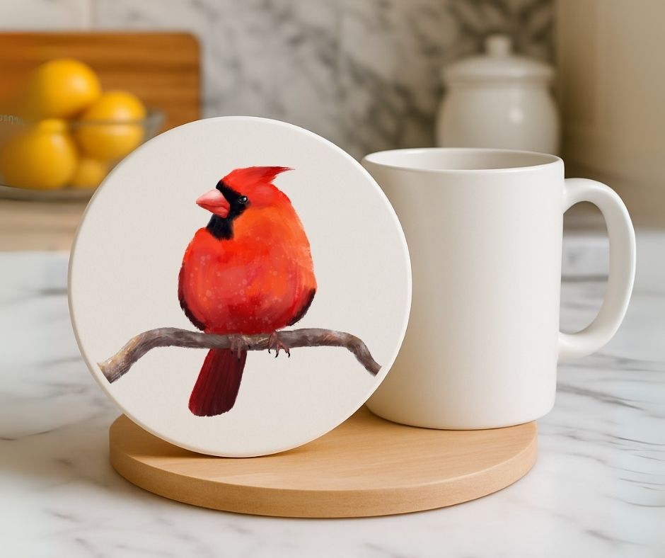 Northern Cardinal Ceramic Coaster - MerikaArt