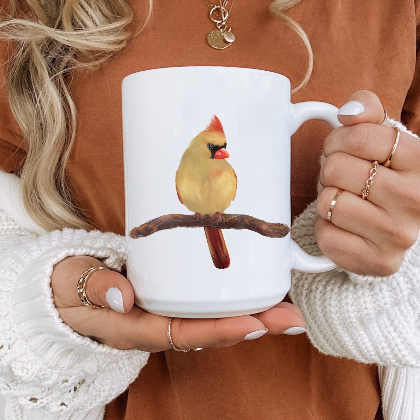 Northern Cardinal Mug with Unique Female Illustration - MerikaArt