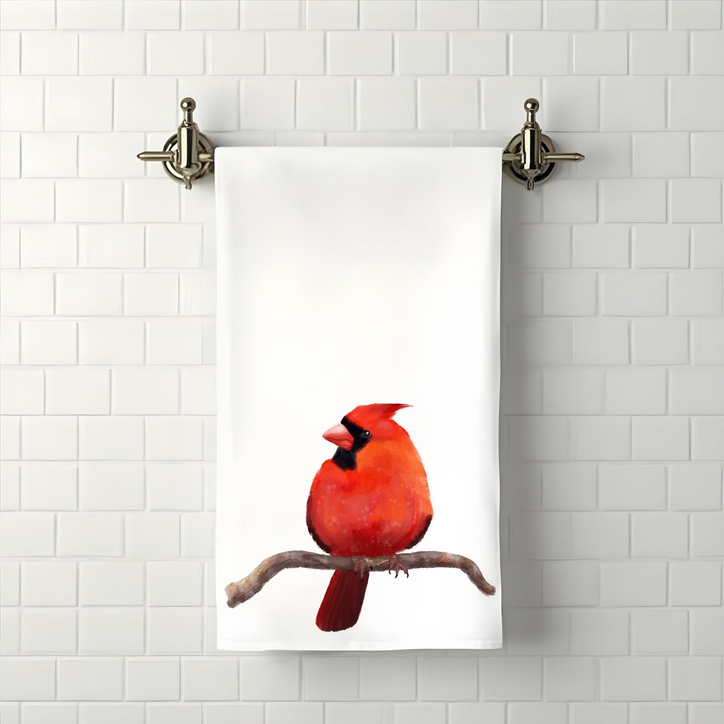 Northern Cardinal on Branch Bathroom Towel - MerikaArt
