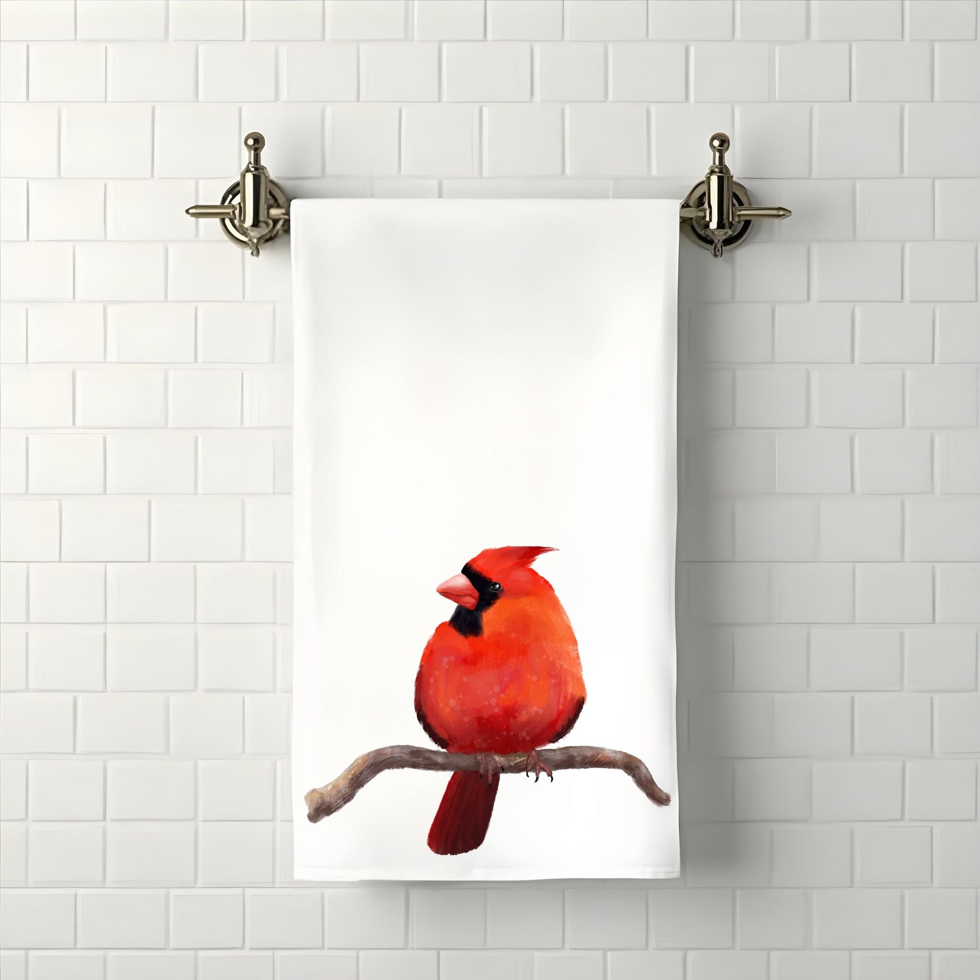 Northern Cardinal on Branch Bathroom Towel - MerikaArt
