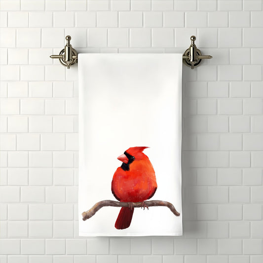 Northern Cardinal on Branch Bathroom Towel - MerikaArt