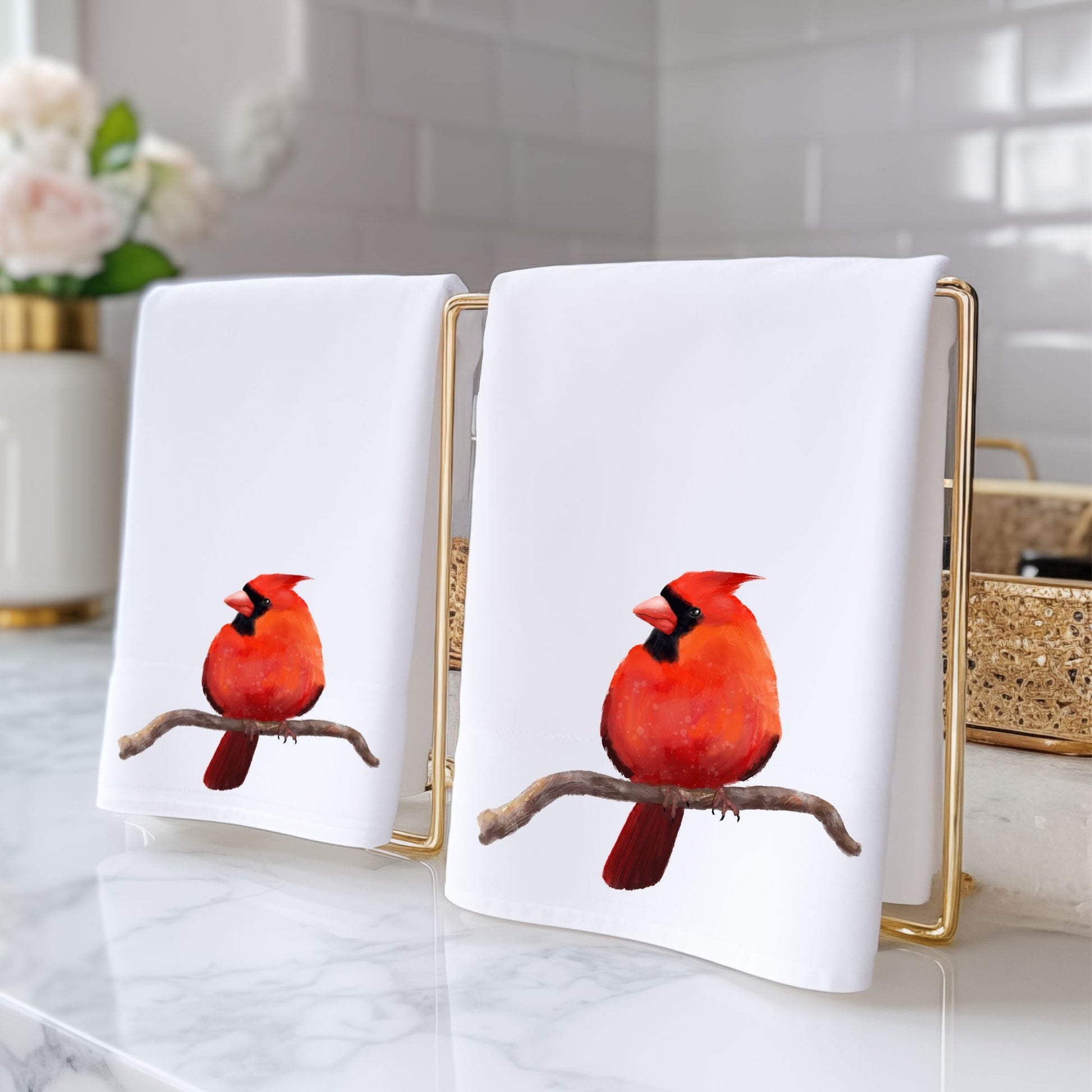 Northern Cardinal on Branch Bathroom Towel - MerikaArt
