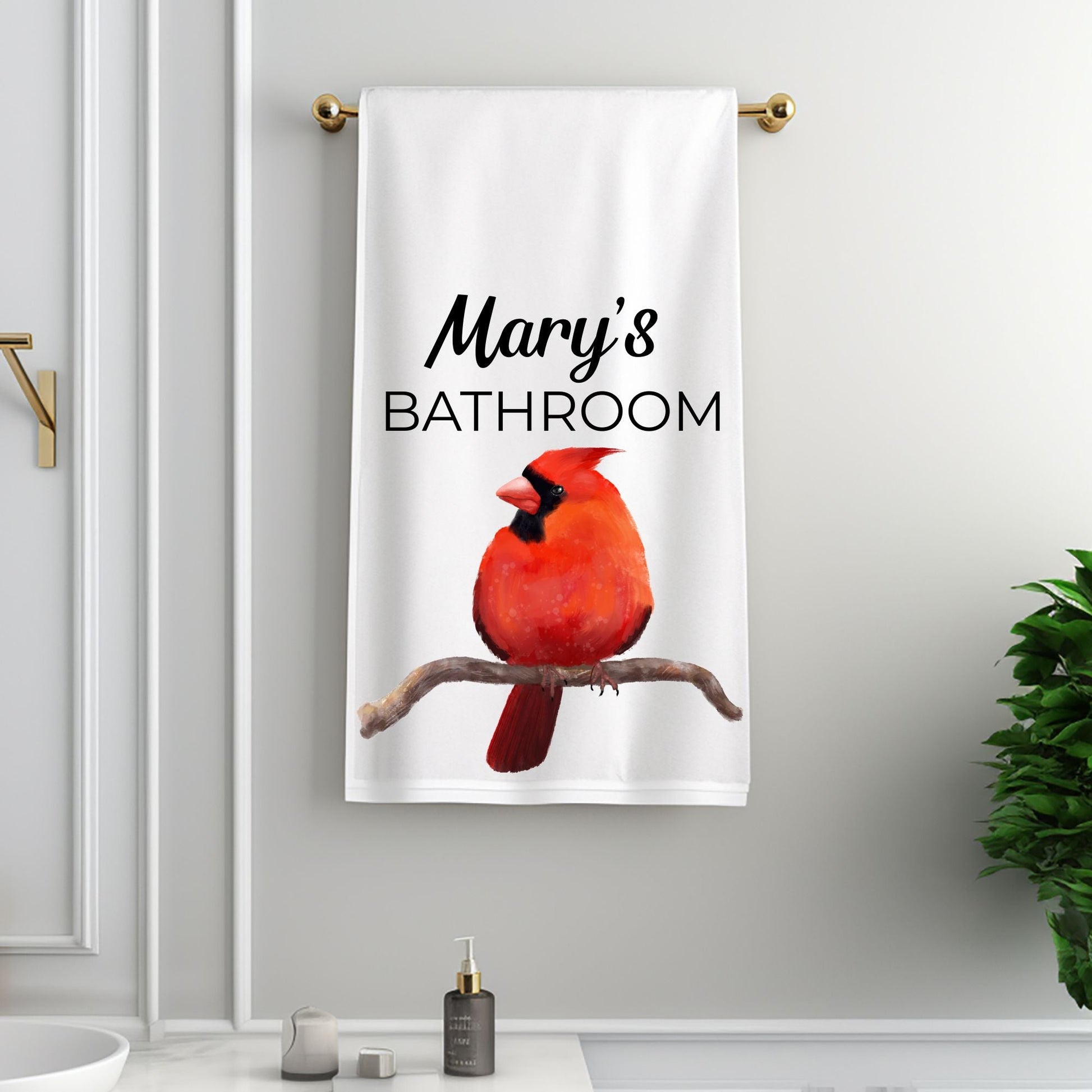 Northern Cardinal on Branch Bathroom Towel - MerikaArt