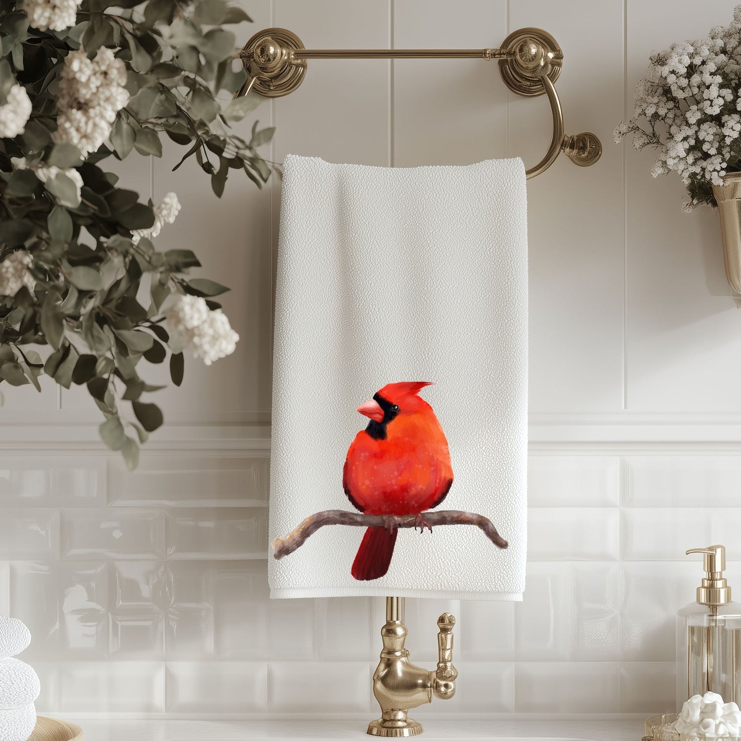 Northern Cardinal on Branch Bathroom Towel - MerikaArt