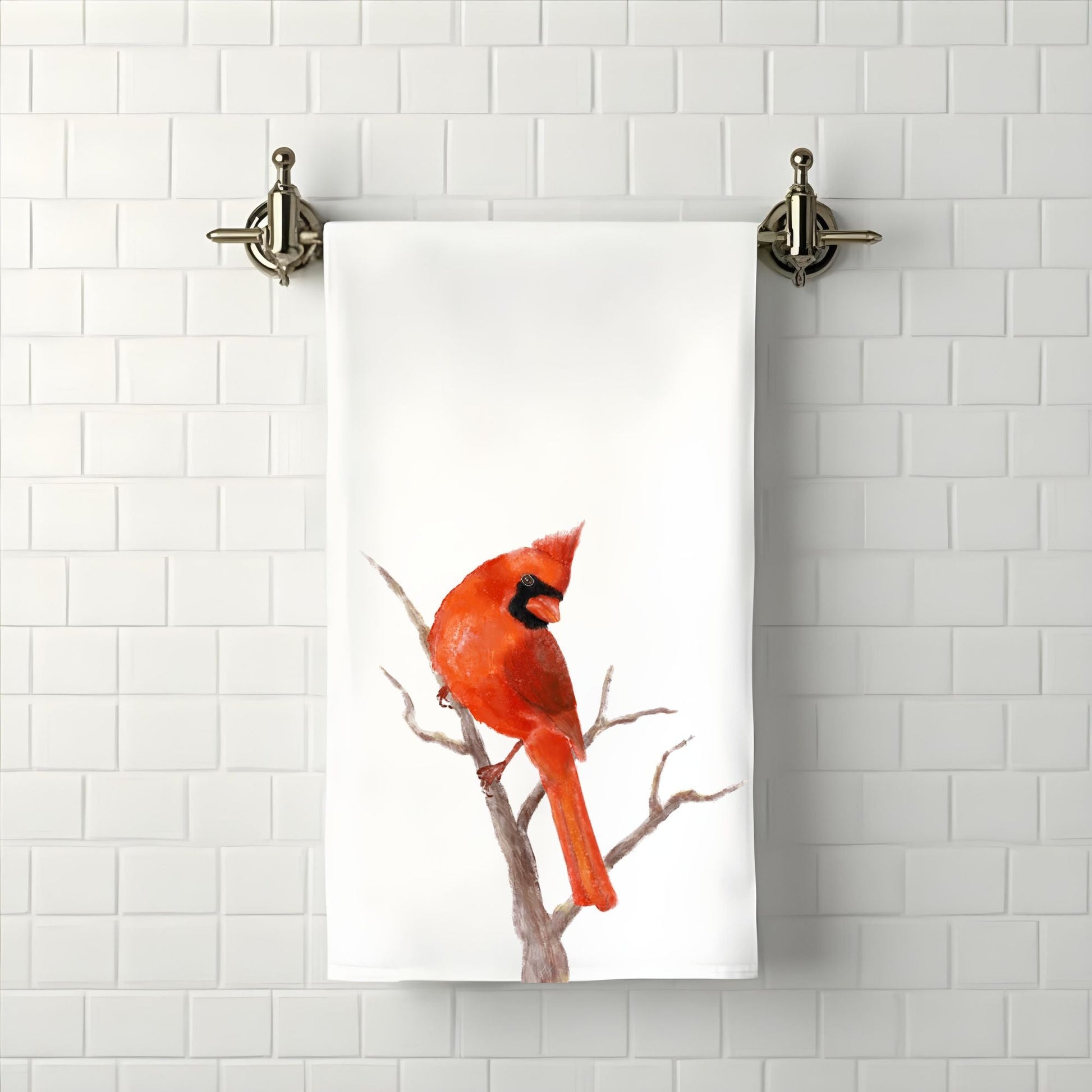 Northern Cardinal on Tree Branch Bathroom Towel - MerikaArt