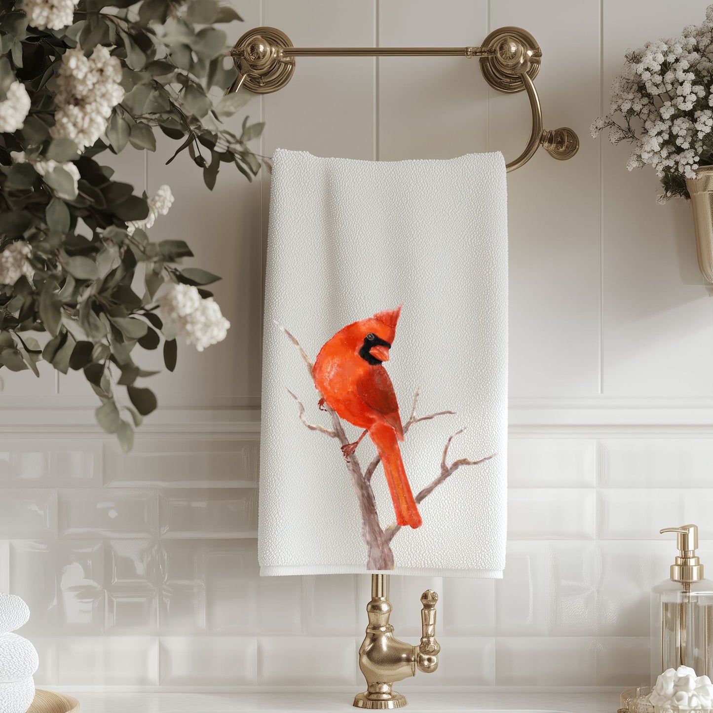 Northern Cardinal on Tree Branch Bathroom Towel - MerikaArt