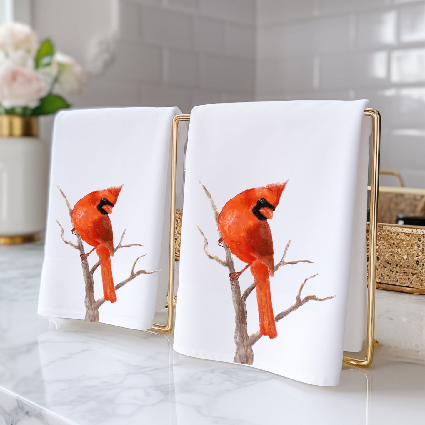 Northern Cardinal on Tree Branch Bathroom Towel - MerikaArt