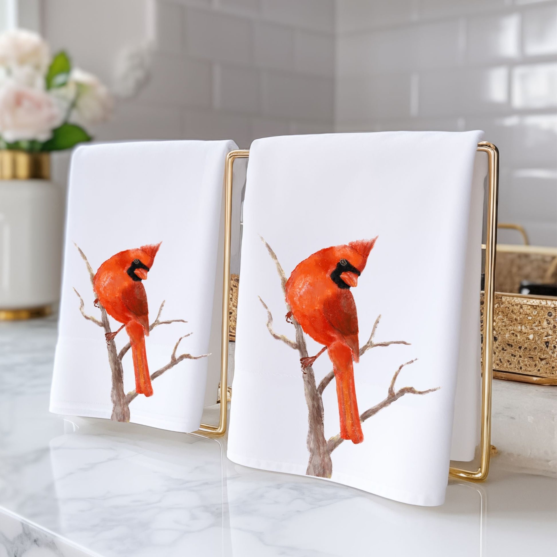 Northern Cardinal on Tree Branch Bathroom Towel - MerikaArt