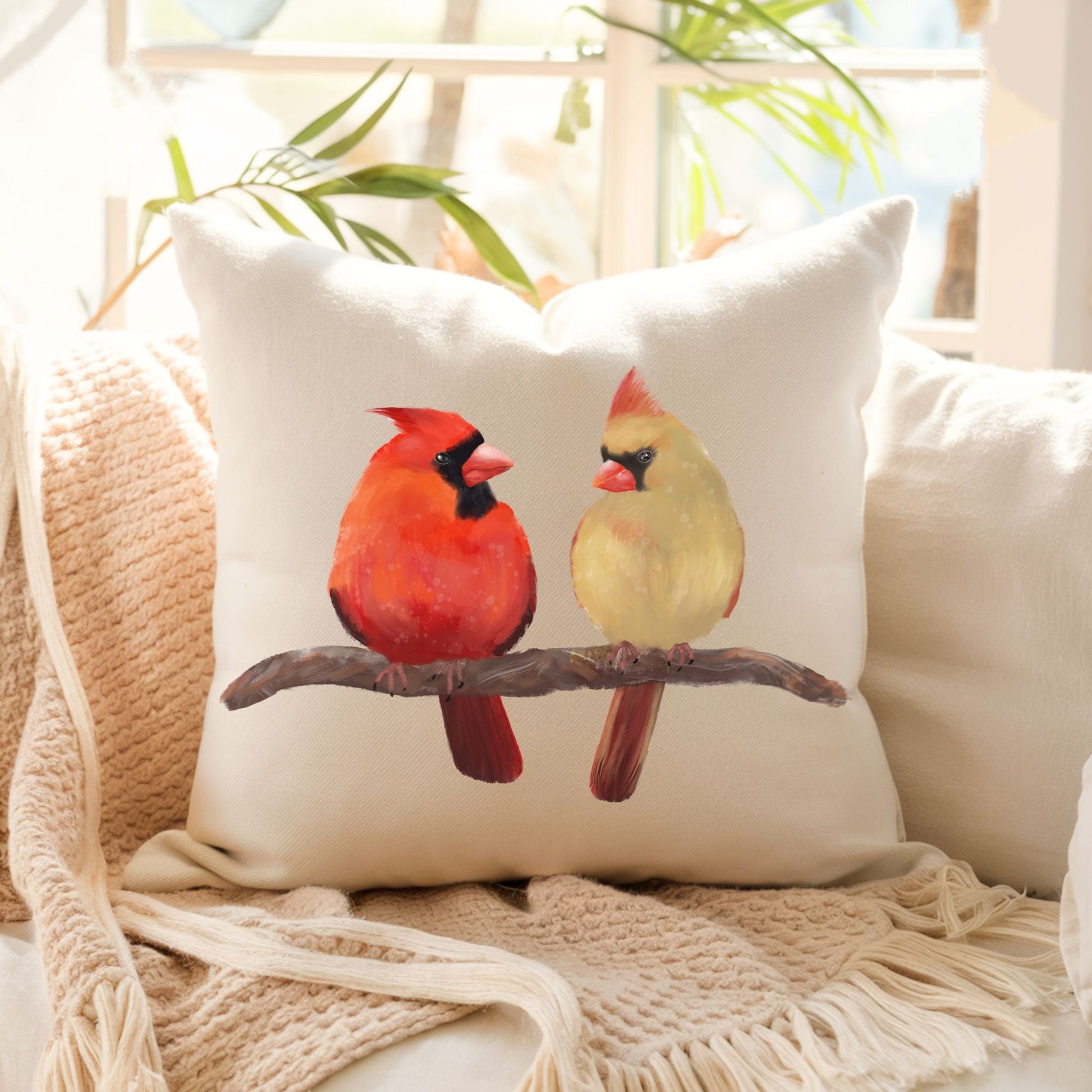 Northern Cardinal Pair Bird Pillow - MerikaArt