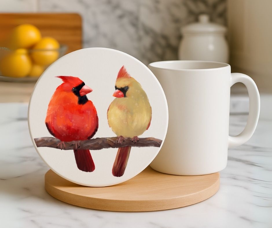 Northern Cardinal Pair Ceramic Coaster - MerikaArt