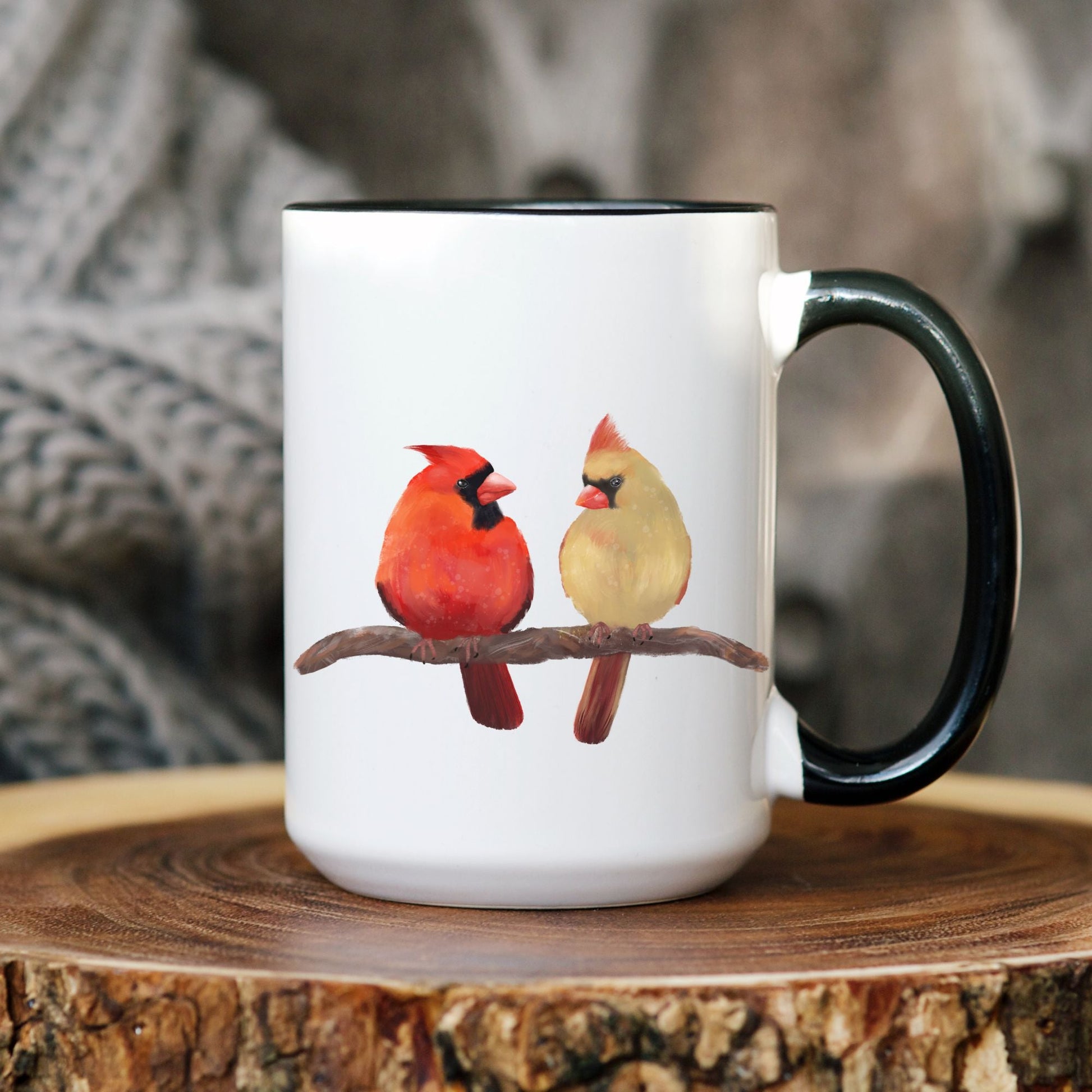 Northern Cardinal Pair Mug – Male and Female on Branch - MerikaArt