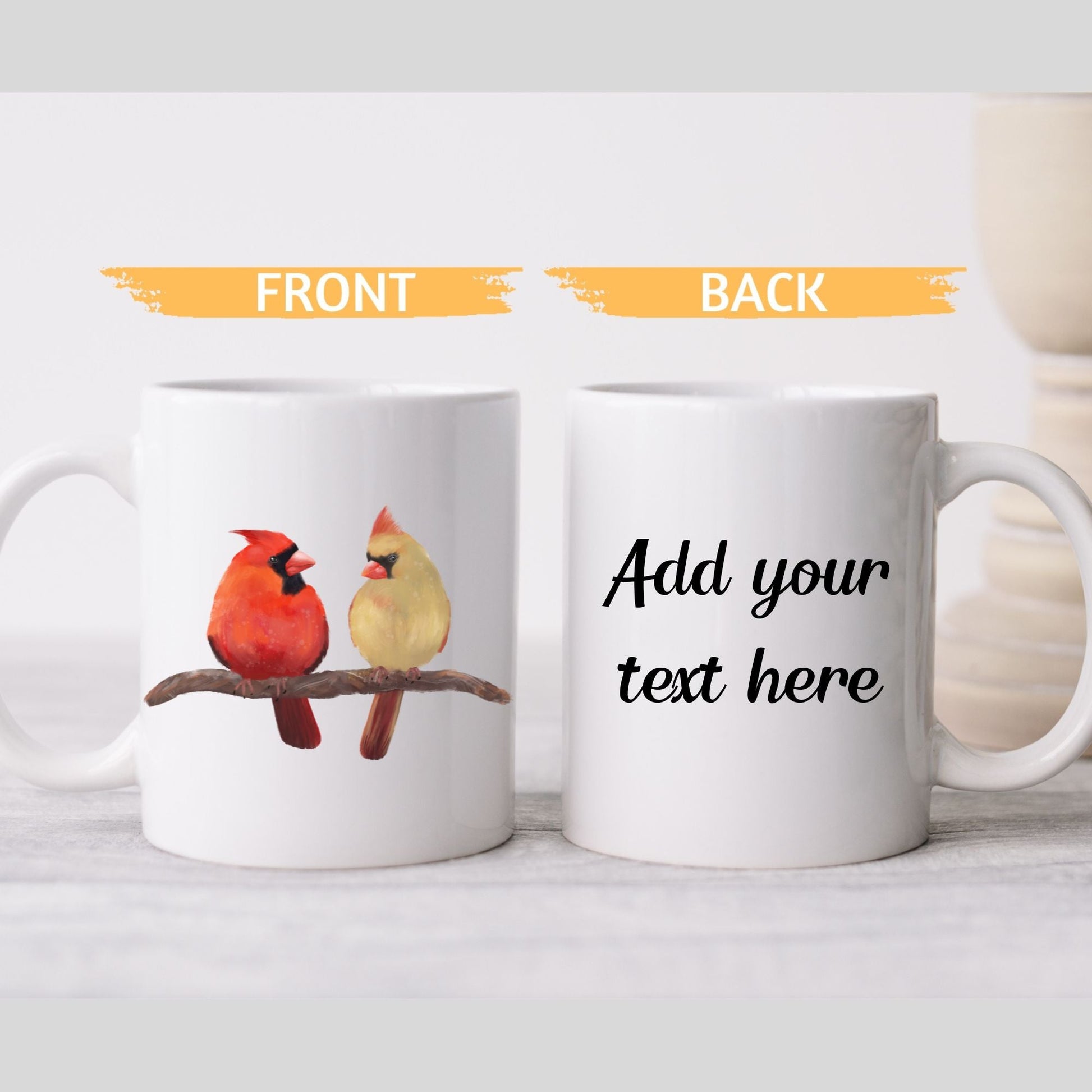 Northern Cardinal Pair Mug – Male and Female on Branch - MerikaArt