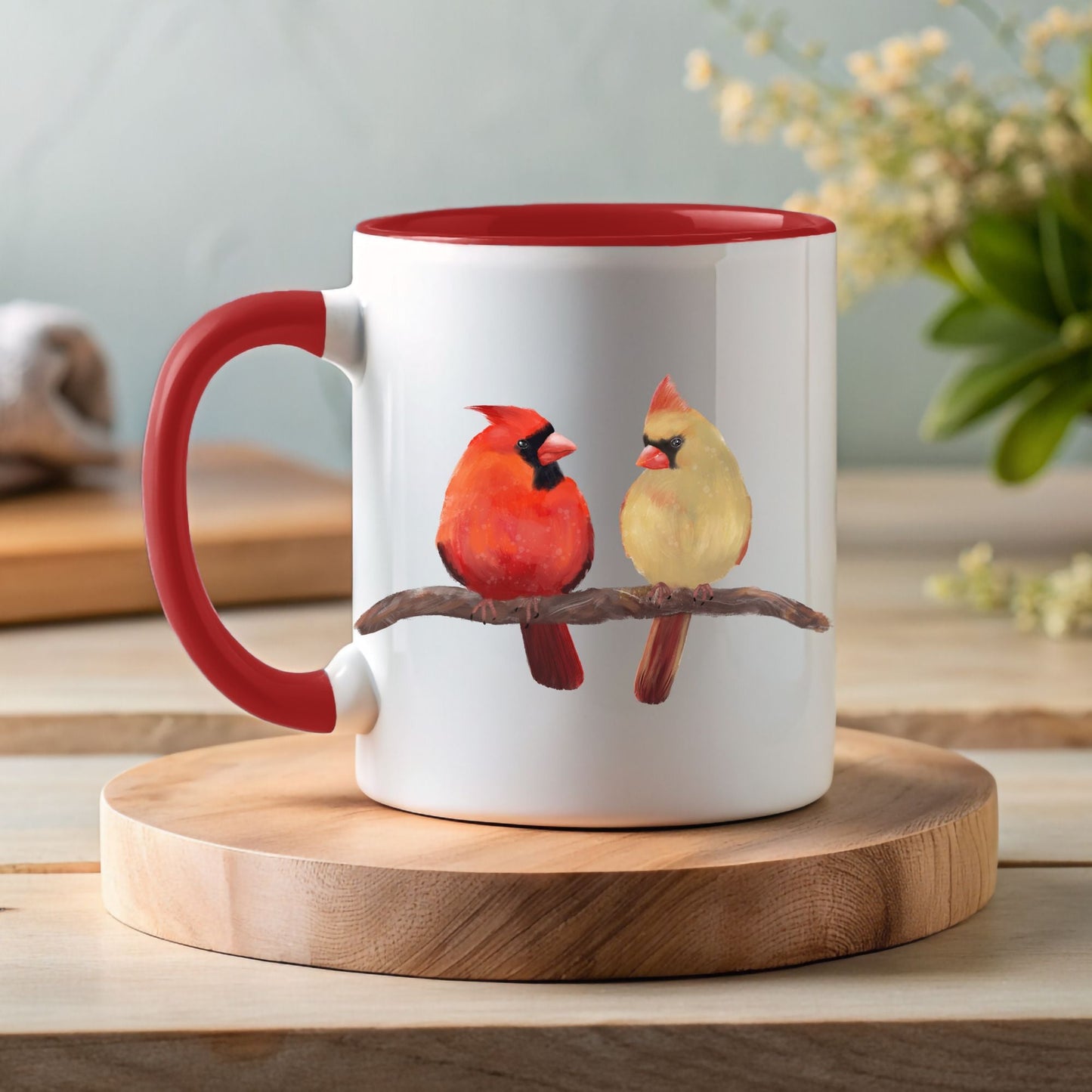 Northern Cardinal Pair Mug – Male and Female on Branch - MerikaArt