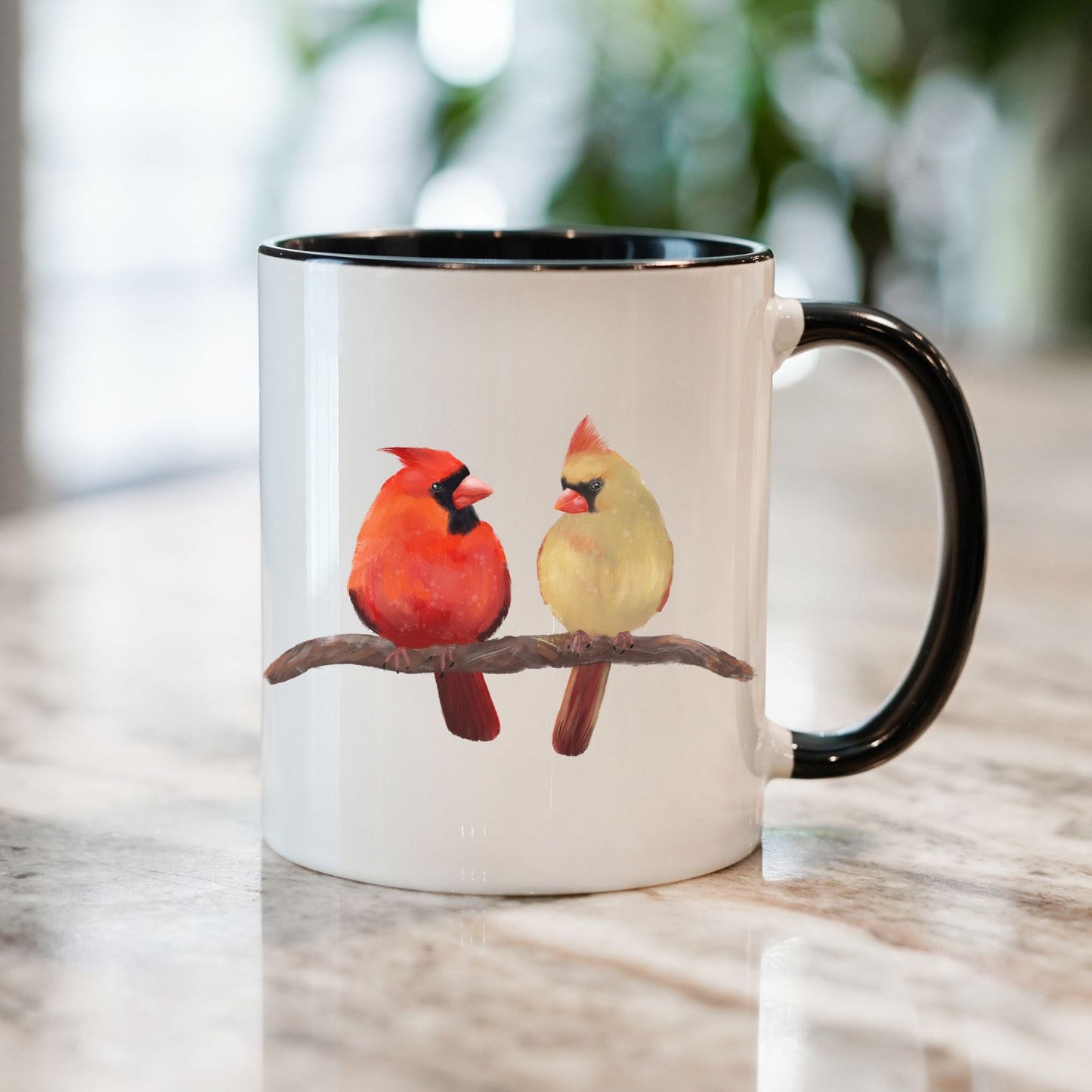 Northern Cardinal Pair Mug – Male and Female on Branch - MerikaArt