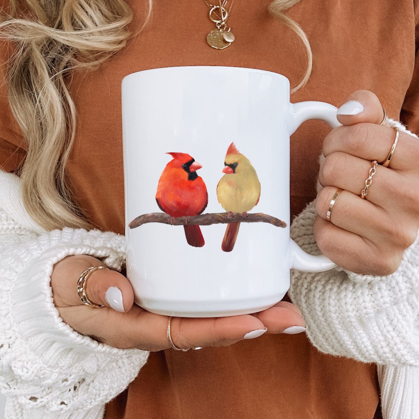 Northern Cardinal Pair Mug – Male and Female on Branch - MerikaArt