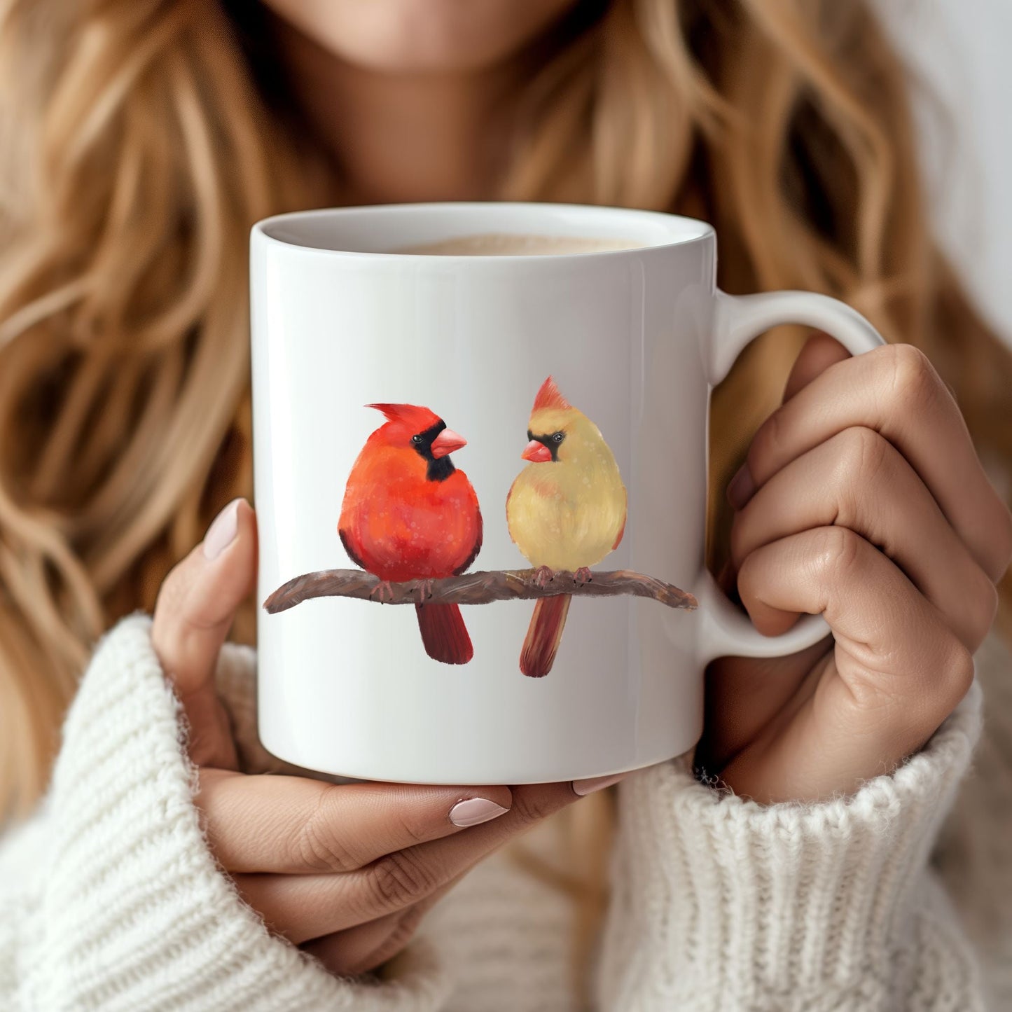 Northern Cardinal Pair Mug – Male and Female on Branch - MerikaArt