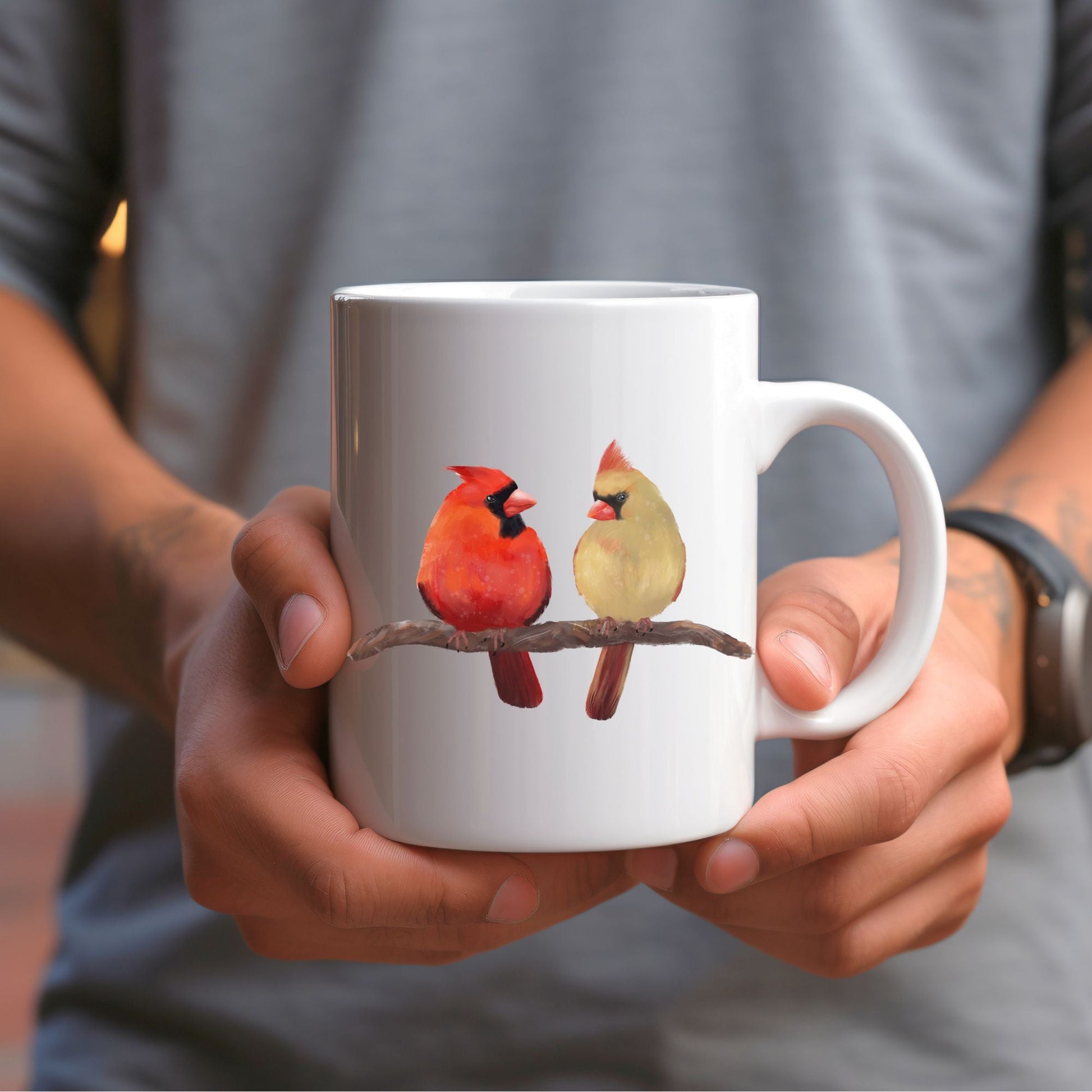 Northern Cardinal Pair Mug – Male and Female on Branch - MerikaArt